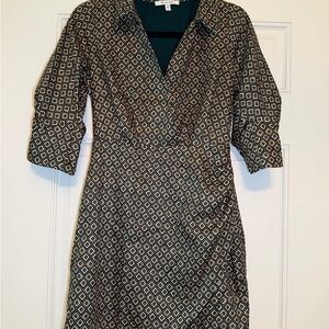 Joe & Claire Geometric green & gold  Faux-Wrap Mini Dress medium